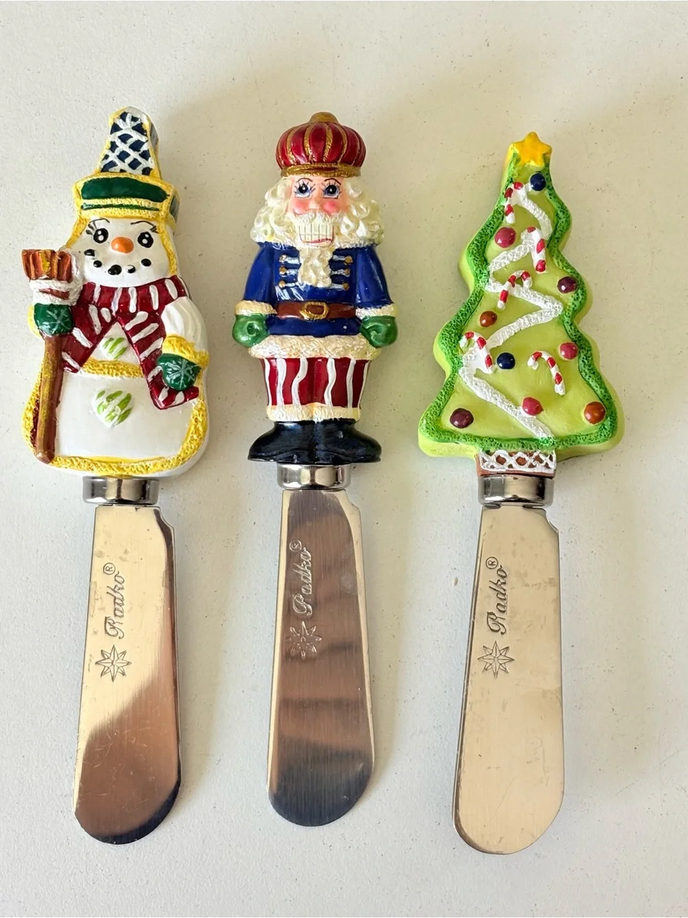 3 Christopher Radko Butter Knife Stainless Christmas Tree Snowman Holiday Decor